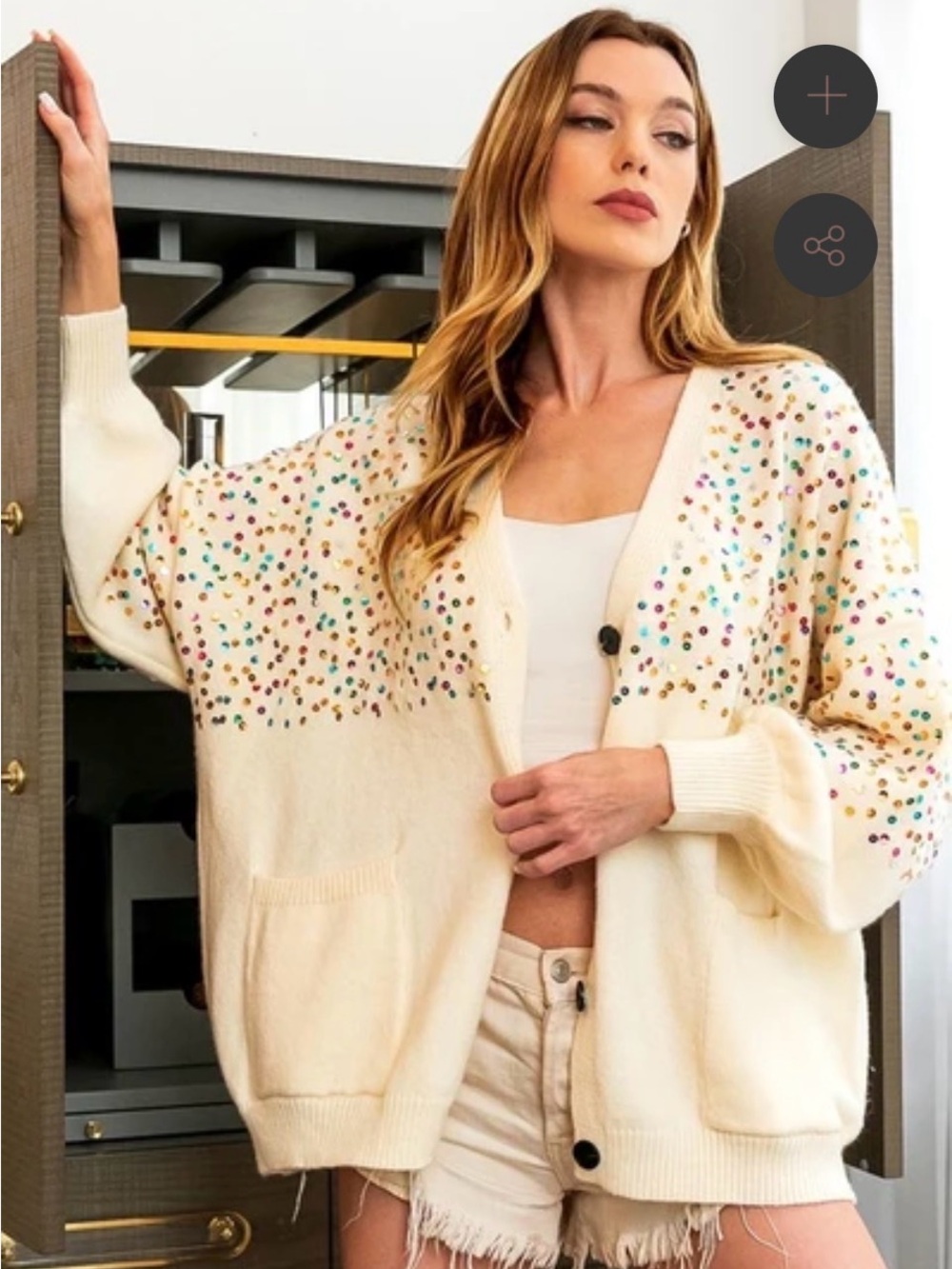 BIBI NWT Ivory Rainbow Confetti Sequin Cardigan Large Oversized Sparkle Knit